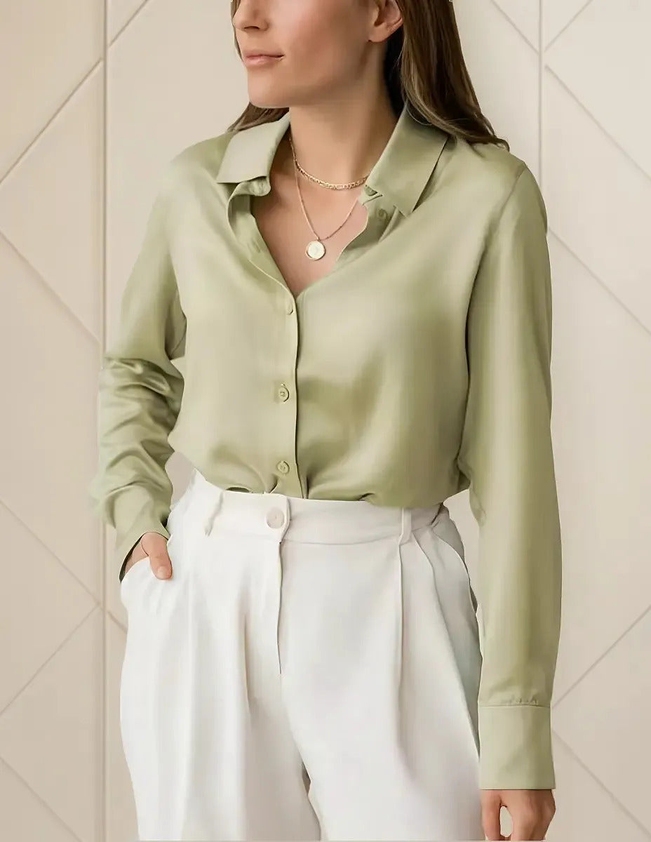 Camisa Seda Feminina Botão Gringa Blusa Moda Clássica 2026