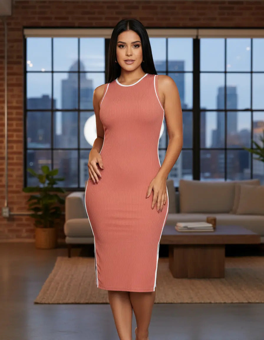 Vestido Midi Canelado Premium Regata Casual Básico Modelador