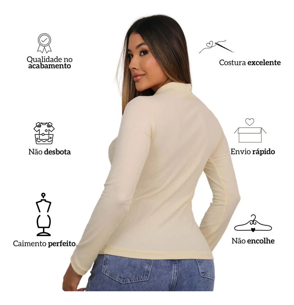 Blusa Feminina Canelada Gola Alta Manga Comprida Cacharrel