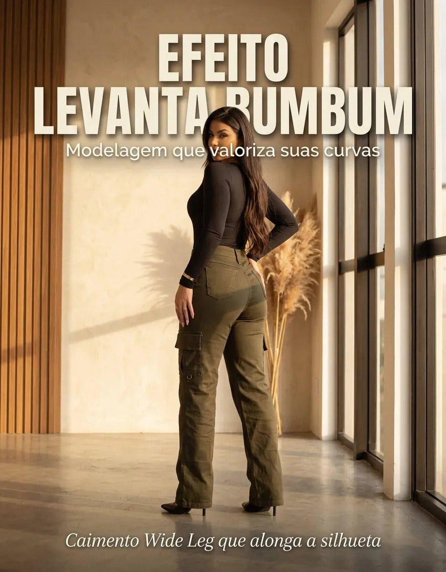 Calça Cargo Feminina Wide Leg Cintura Alta Jeans  Stillger