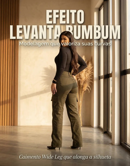 Calça Cargo Feminina Wide Leg Cintura Alta Jeans  Stillger