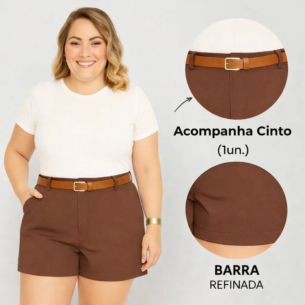 Kit 2 Shorts Femininos Plus Size Cintura Alta Com Cinto