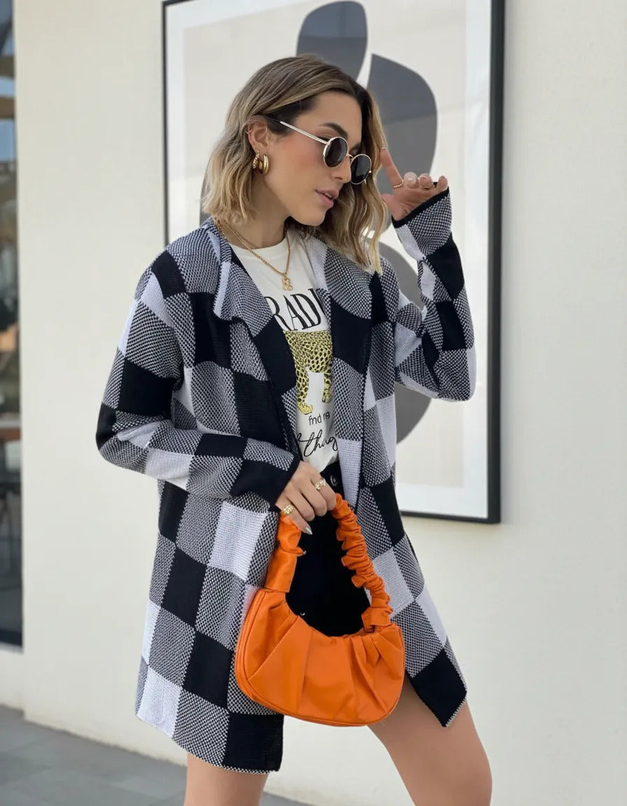 Casaco Cardigan Xadrez Tricot Blusa De Frio Kimono Inverno