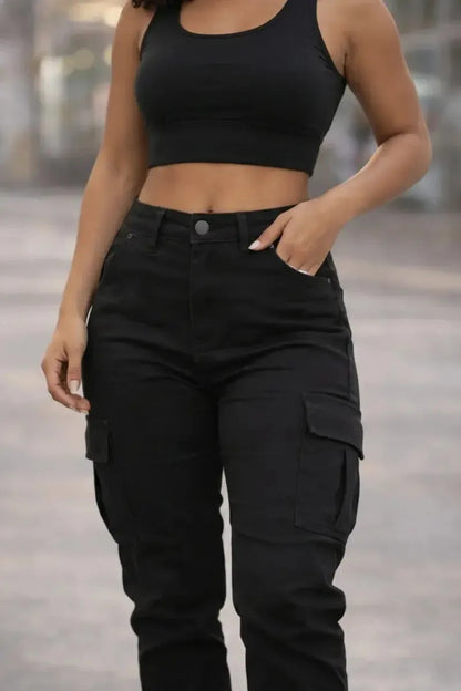 Calça Cargo Jogger Jeans Feminina Cintura Alta Com Lycra