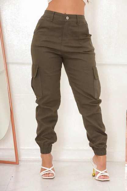 Calça Cargo Jogger Jeans Feminina Cintura Alta Com Lycra