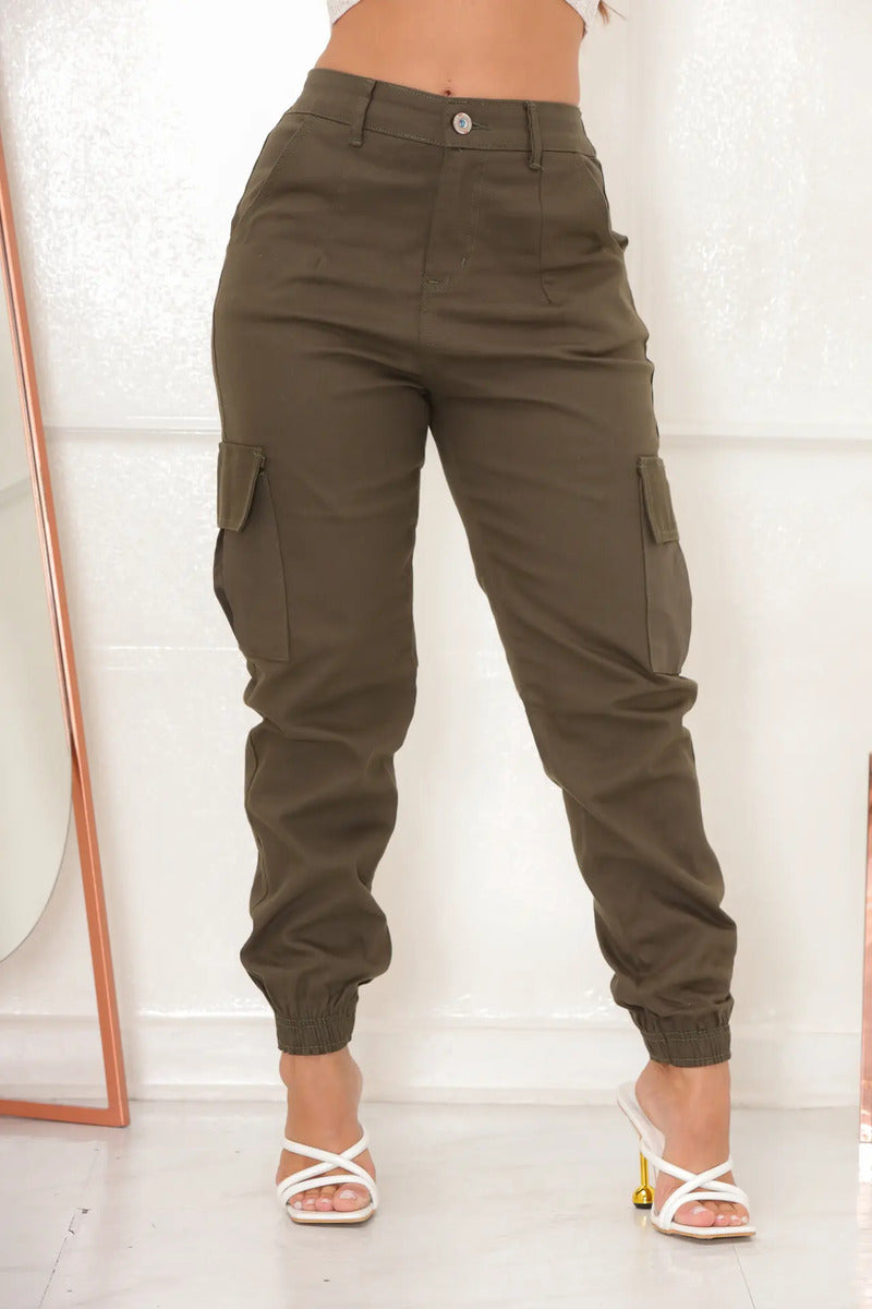 Calça Cargo Jogger Jeans Feminina Cintura Alta Com Lycra