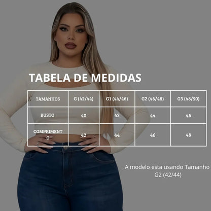 Cropped Feminino Plus Size Manga Longa Com Decote