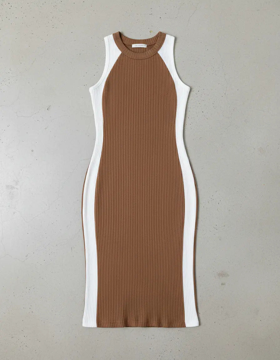 Vestido Canelado Midi Faixas Regata Casual Básico Modelador