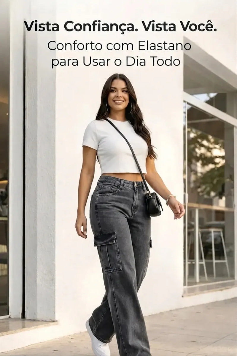 Calça Cargo Feminina Wide Leg Cintura Alta Jeans  Stillger