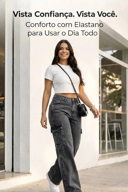 Calça Cargo Feminina Wide Leg Cintura Alta Jeans  Stillger