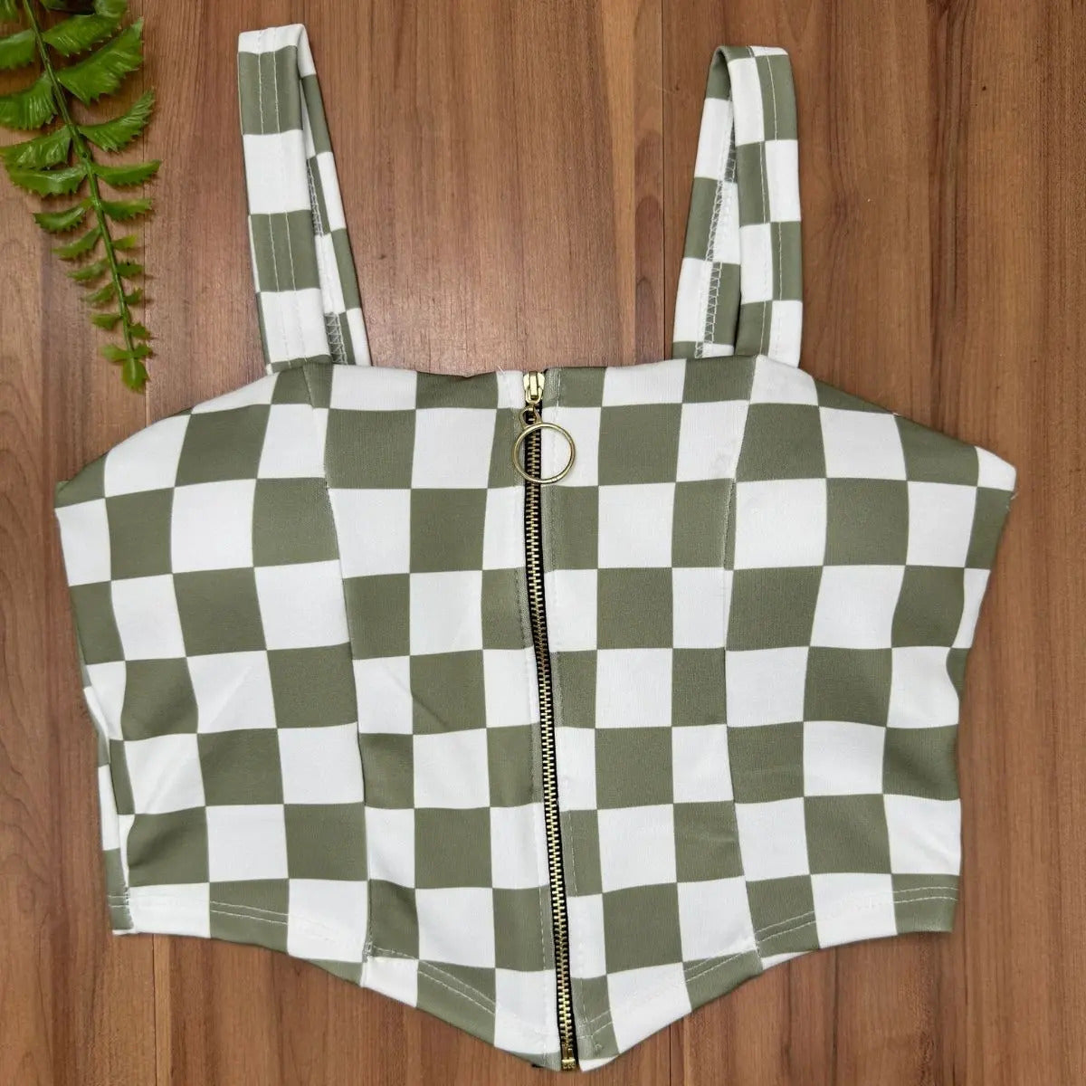 Cropped Zipper Corset Xadrez Balada Country Luxo Premium
