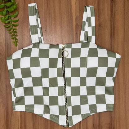 Cropped Zipper Corset Xadrez Balada Country Luxo Premium