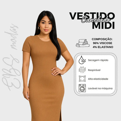 Vestido Canelado Midi Com Manga e Fenda Lateral Casual Básico
