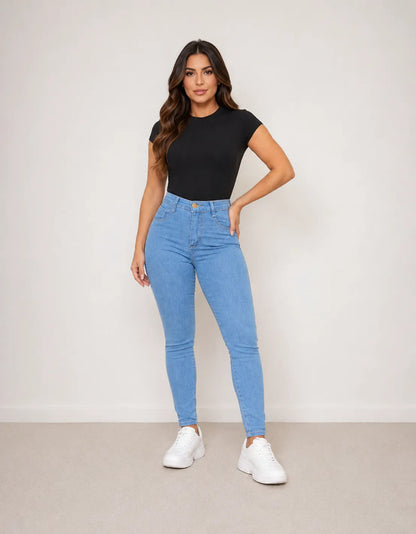 Calça Jeans Feminina Preta Skiny Cintura Alta Levanta Bumbum