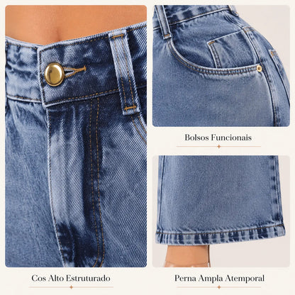 Calça Jeans Pantalona Wide Leg Feminina Cintura Alta Larga