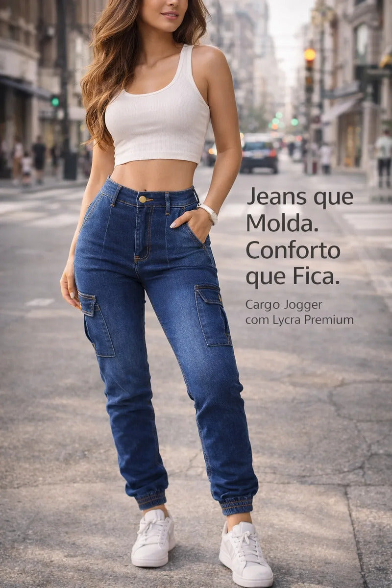 Calça Cargo Jogger Jeans Feminina Cintura Alta Com Lycra