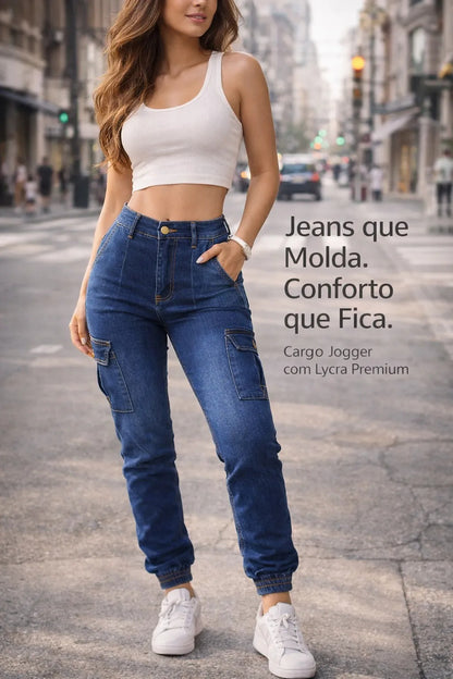Calça Cargo Jogger Jeans Feminina Cintura Alta Com Lycra