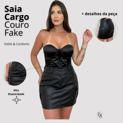 Saia Cargo De Couro Courino Moda Balada Cintura Alta