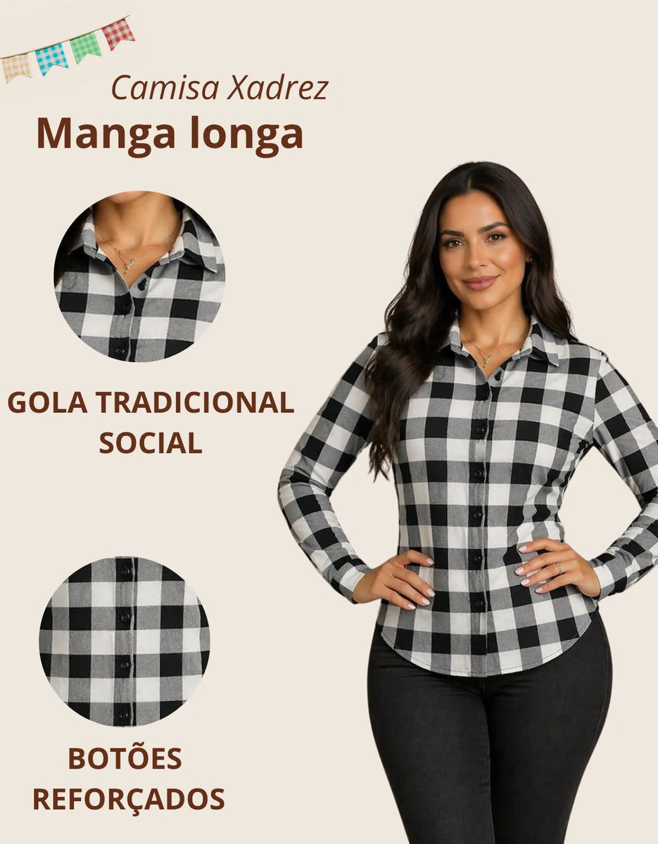 Camisa Xadrez Longa Blusa Manga Festa Junina Social De Botão