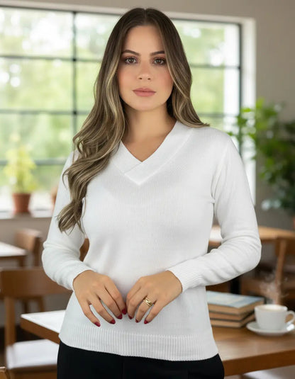 Blusa Trico Basica De Frio Feminina Decote V Manga Longa