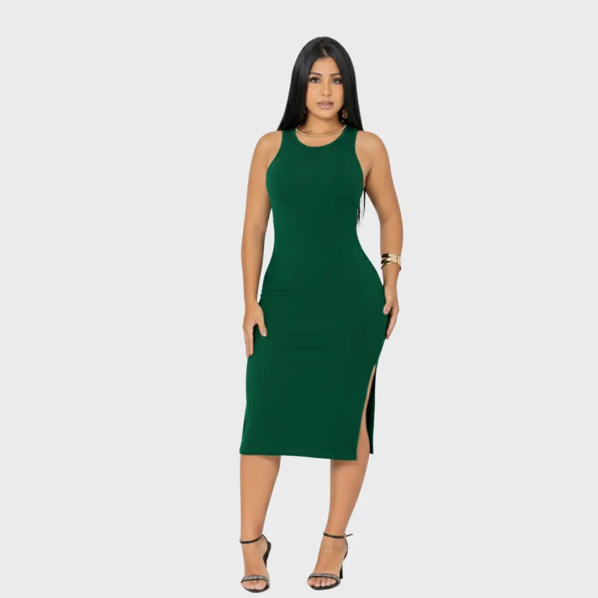 Vestido Canelado Midi Regata Com Fenda Zero Transparência