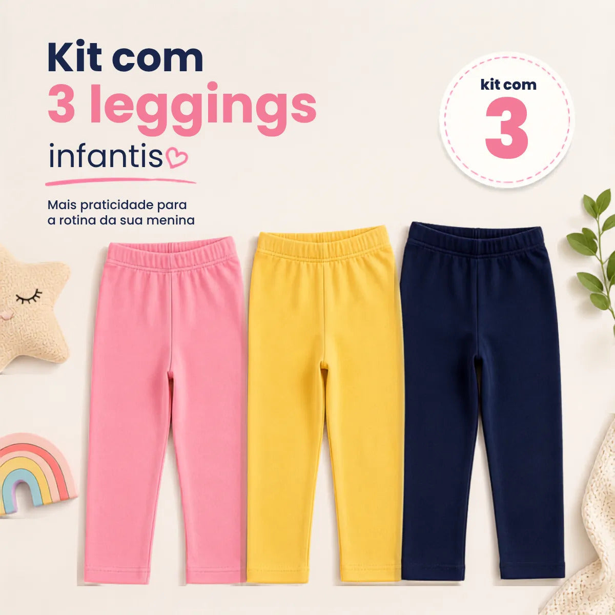 Kit 3 Calça Legging Menina Infantil Algodão Lisa Sortida