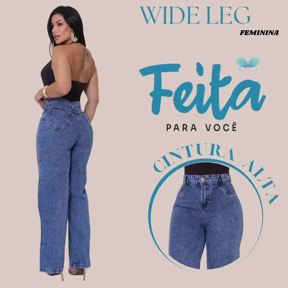 Calça Jeans Feminina Wide Leg Pantalona Cintura Alta Inverno