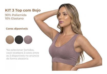 Kit 3 Top Com Bojo Fitness Academia Sem Costura Poliamida