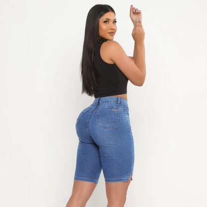 Bermuda Ciclista Jeans Feminina Com Lycra Cós Alto
