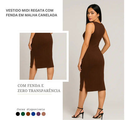 Vestido Canelado Midi Regata Com Fenda Zero Transparência