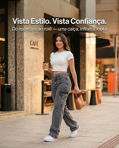 Calça Cargo Feminina Wide Leg Cintura Alta Jeans  Stillger