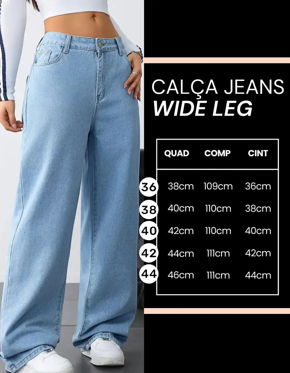 Calça Wide Leg Jeans Feminina Reta Perna Larga Empina Bumbum