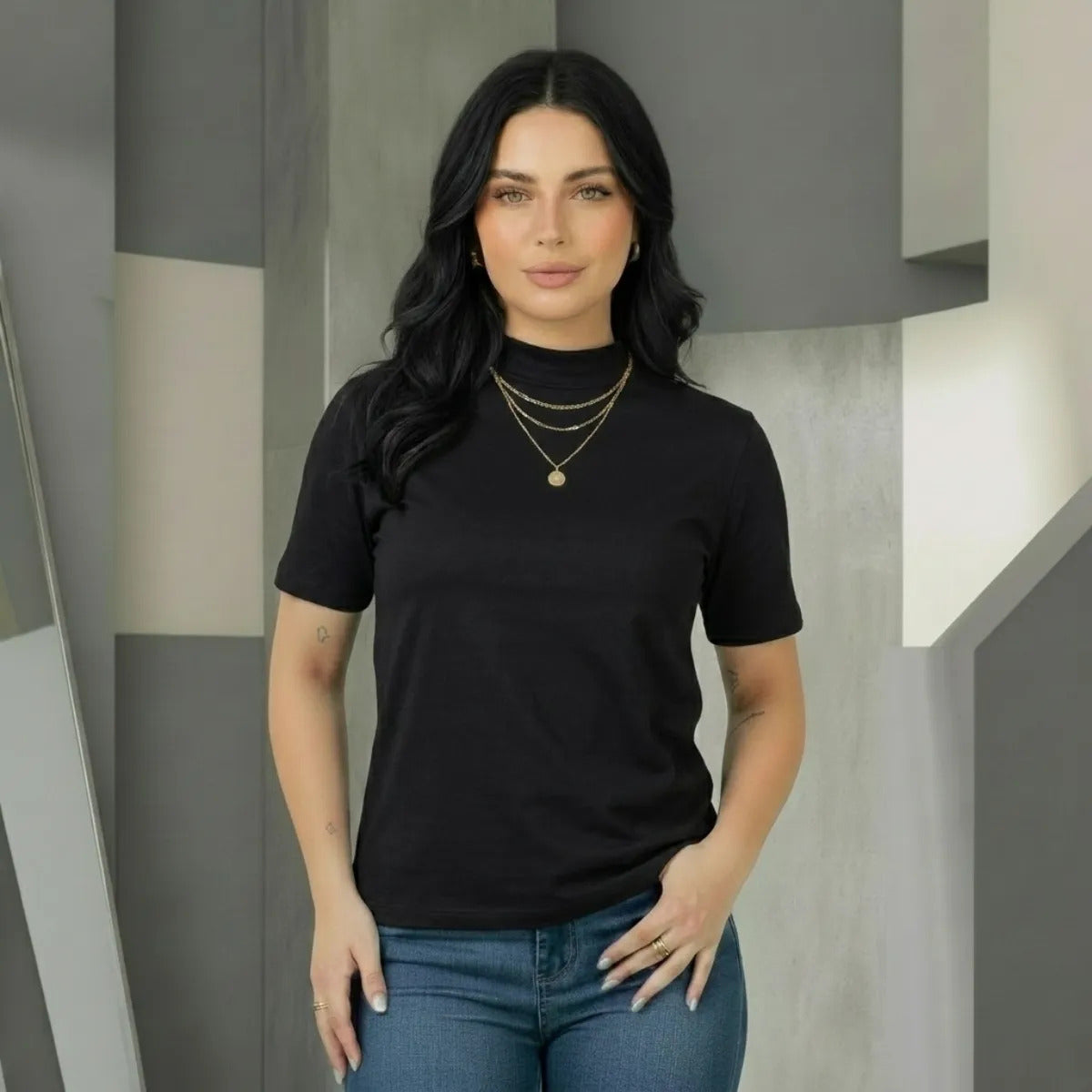 Kit 2 Blusas Camiseta Feminina T Shirt Gola Alta Inverno
