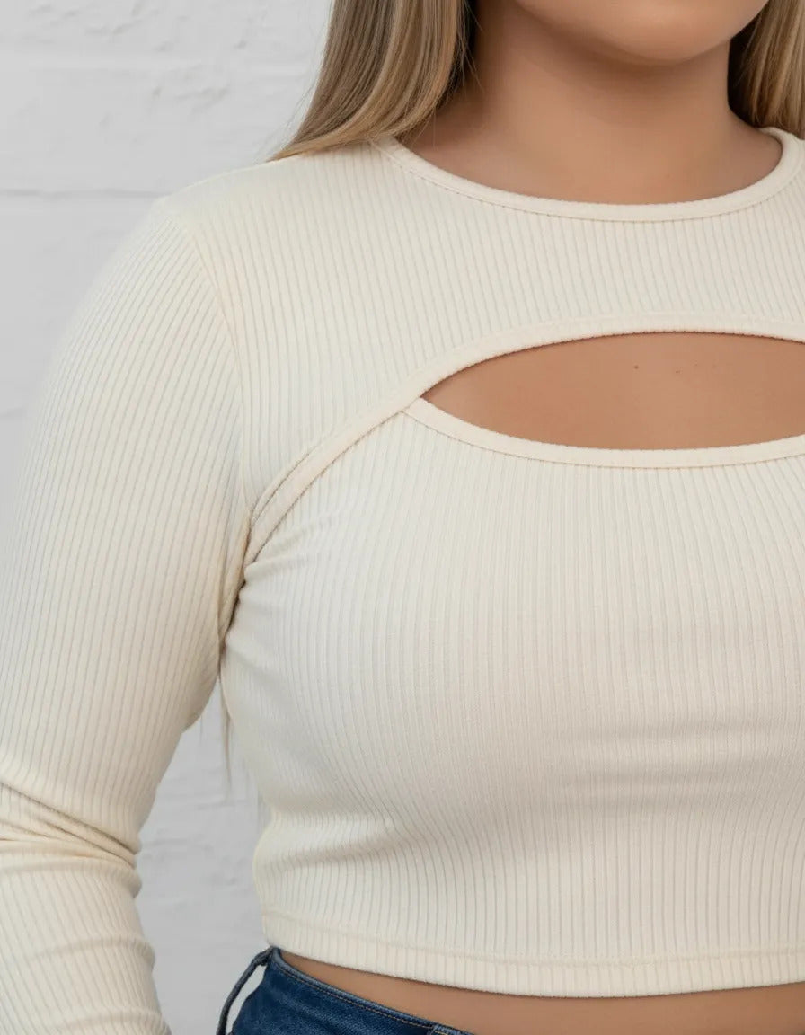 Cropped Feminino Plus Size Manga Longa Com Decote