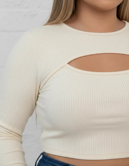 Cropped Feminino Plus Size Manga Longa Com Decote