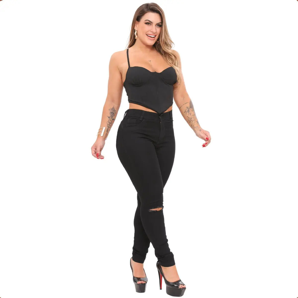 Calça Preta Jeans Feminina Com Elastano Cintura Alta Skinny