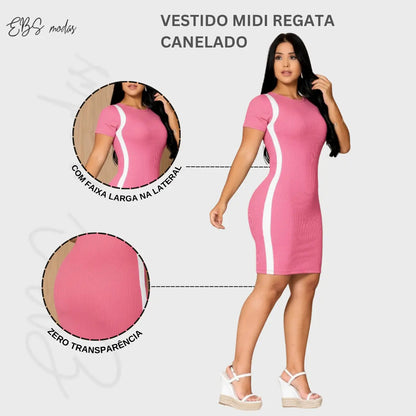Vestido Canelado Curto Com Manga Casual Básico Modelador