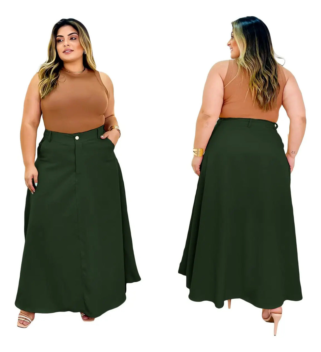 Saia Alfaiataria Plus Size Rodada Evasê Cós Alto Evangélica
