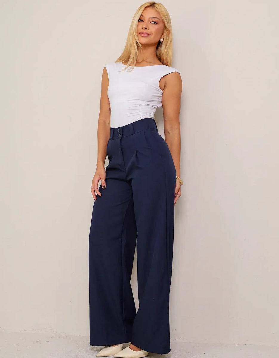 Calça Pantalona Alfaiataria Wide Leg Social Cintura Alta