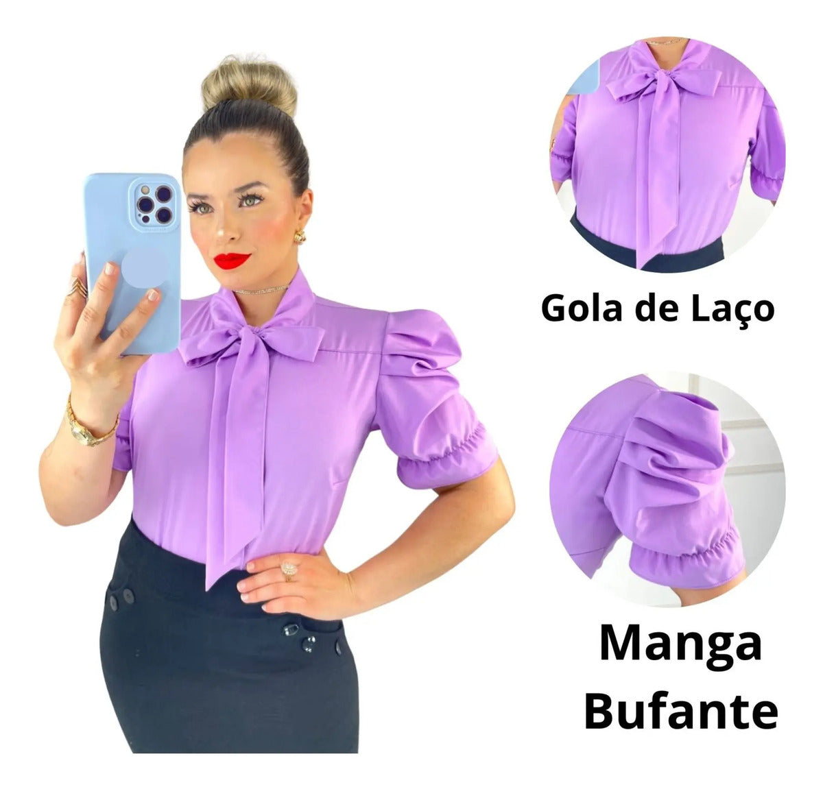 Blusa Emily Gola Laço Manga Curta Bufante
