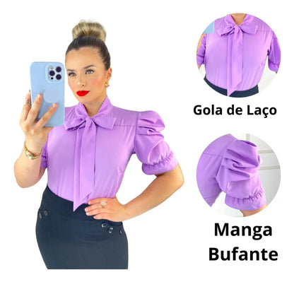 Blusa Emily Gola Laço Manga Curta Bufante