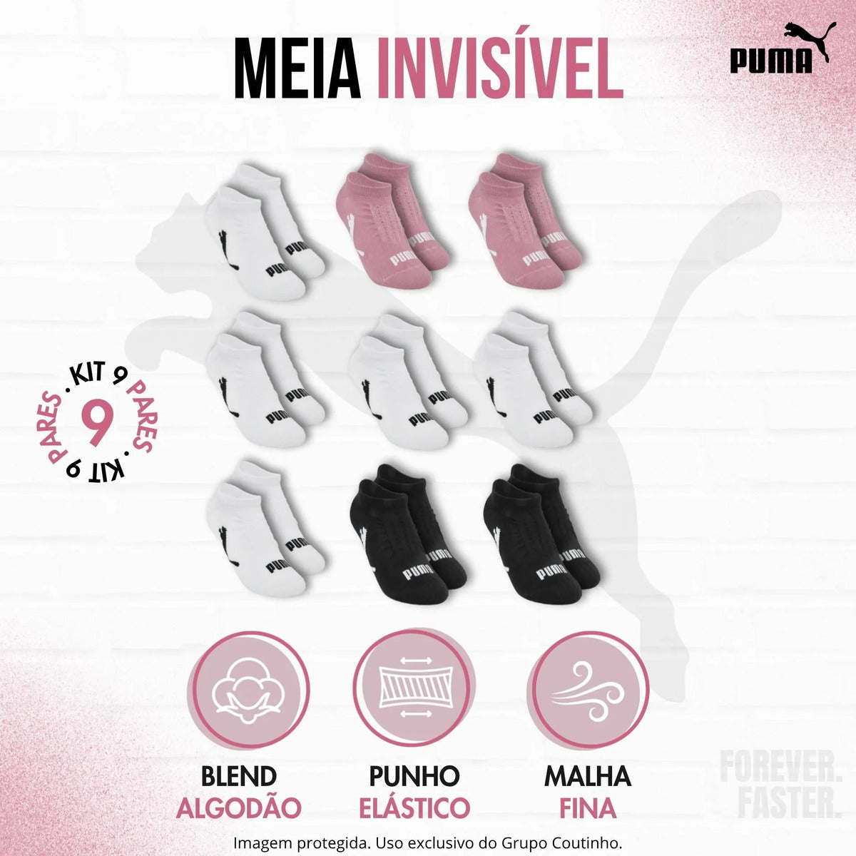 Kit 9 Pares Meias Invisível Puma Sapatilha Soquete Original