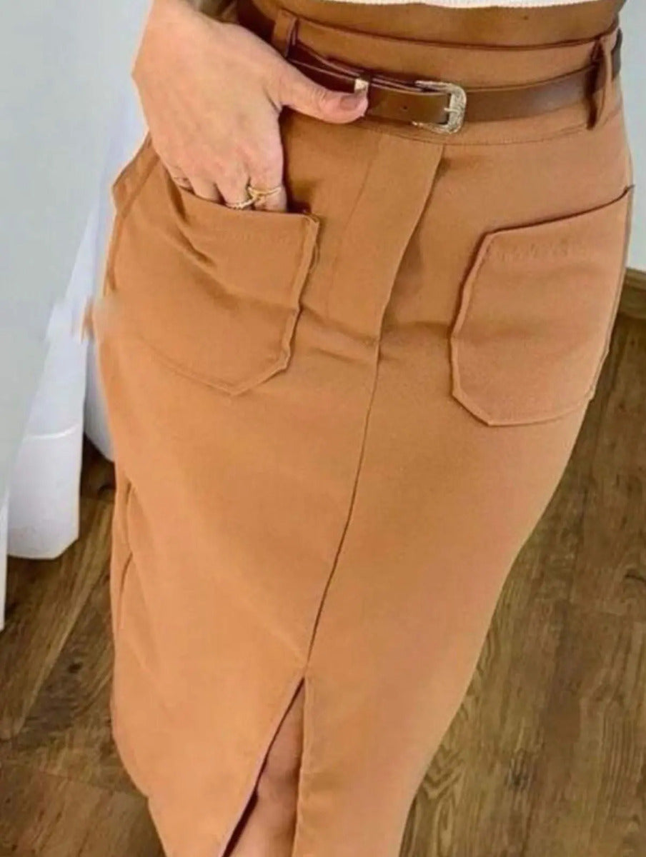 Saia Midi Feminina Com Cinto E Fenda Casual 2025