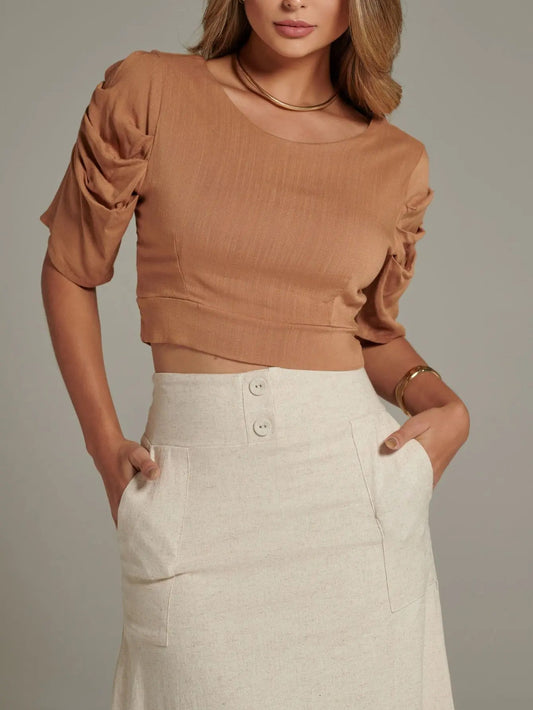 Saia Midi De Linho Elegante Com Botões Encapados