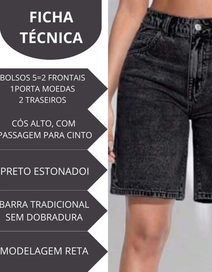 Bermuda Jeans Cintura Alta Feminina Com Estonado Na Lavagem