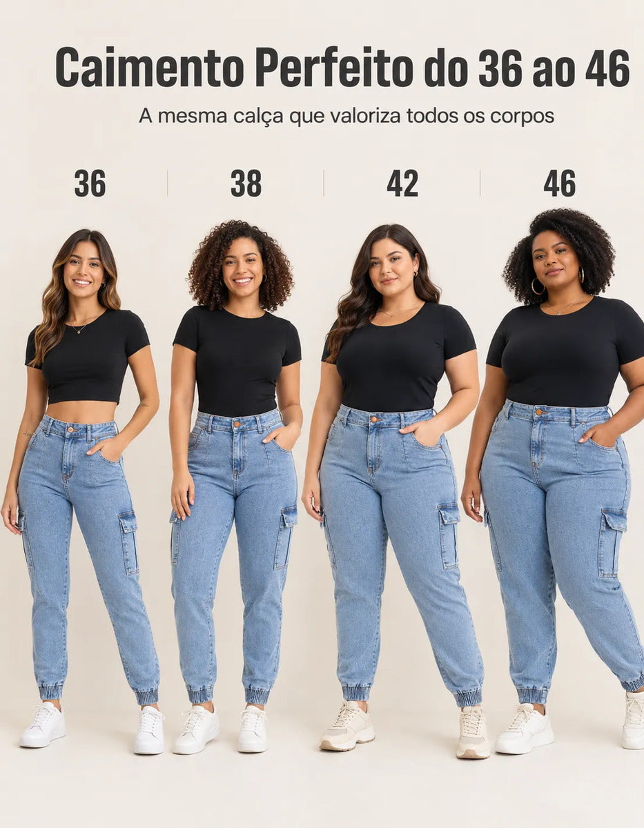 Calça Cargo Jogger Jeans Feminina Cintura Alta Com Lycra