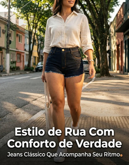 Short Jeans Feminino Cintura Alta Com Lycra Barra Desfiada