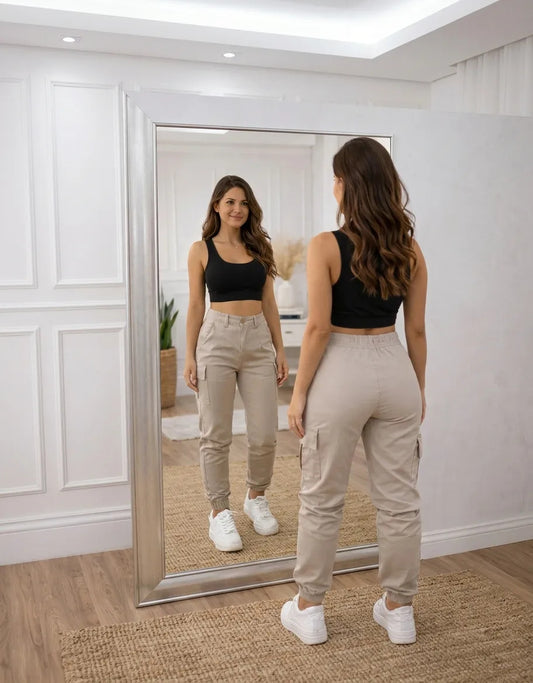 Calça Cargo Jogger Jeans Feminina Cintura Alta Com Lycra