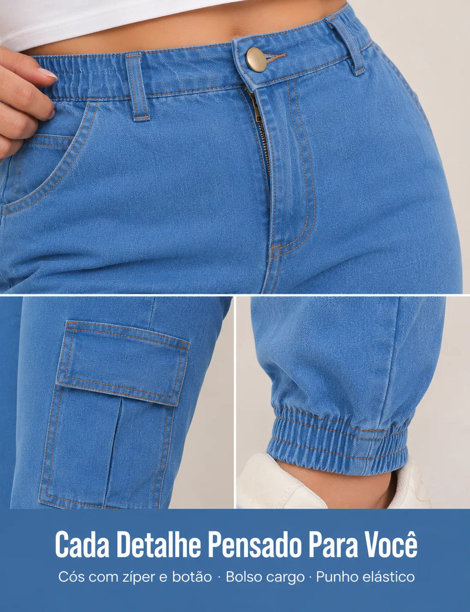 Calça Cargo Jogger Jeans Feminina Cintura Alta Com Lycra