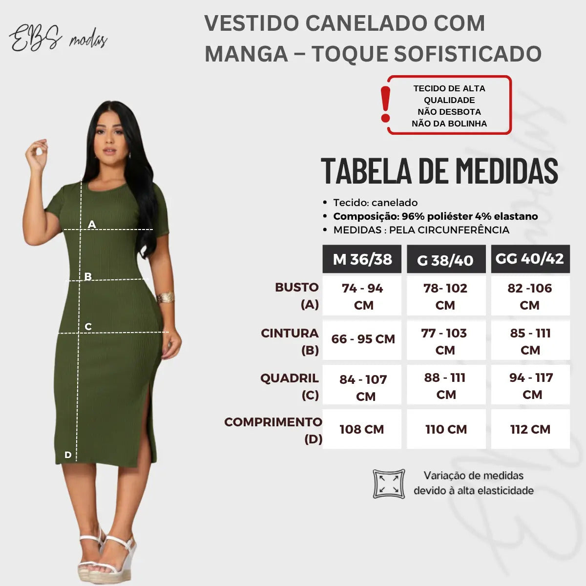 Vestido Canelado Midi Com Manga e Fenda Lateral Casual Básico